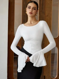 Online Ruffle Pleated Long Sleeve T-Shirt T-shirts