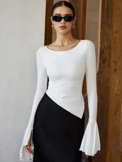 Online Ruffle Pleated Long Sleeve T-Shirt T-shirts