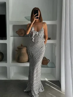 Sale Ruffle Polka Dot Backless Cami Long Dress Black Dresses|Cocktail & Party Dresses