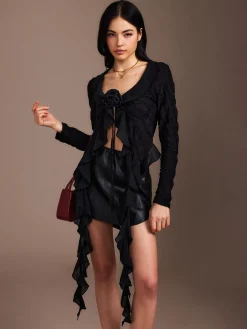 Ruffle Rosette Pleated Blouse Tops