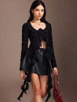 Ruffle Rosette Pleated Blouse Tops