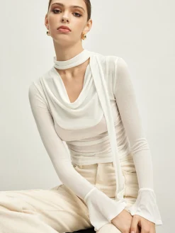 Clearance Ruffle Sheer Draped Jersey T-Shirt T-shirts|Tops