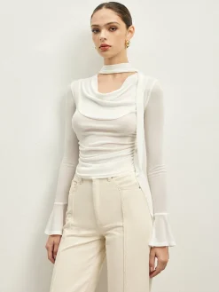 Clearance Ruffle Sheer Draped Jersey T-Shirt T-shirts|Tops