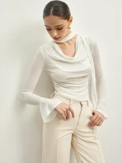 Clearance Ruffle Sheer Draped Jersey T-Shirt T-shirts|Tops