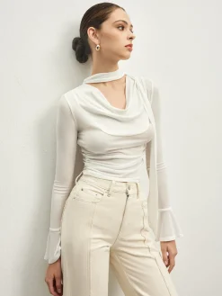 Clearance Ruffle Sheer Draped Jersey T-Shirt T-shirts|Tops