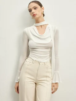 Clearance Ruffle Sheer Draped Jersey T-Shirt T-shirts|Tops