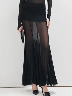 Outlet Ruffle Sheer Panel Maxi Skirt Skirts|Matching Sets