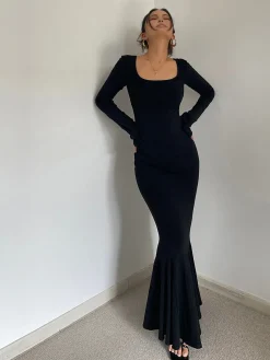 Discount Ruffle Slim Knit Long Dress Black Dresses|Casual Dresses