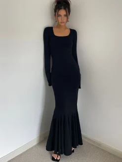 Discount Ruffle Slim Knit Long Dress Black Dresses|Casual Dresses