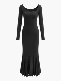Discount Ruffle Slim Knit Long Dress Black Dresses|Casual Dresses