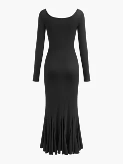 Discount Ruffle Slim Knit Long Dress Black Dresses|Casual Dresses