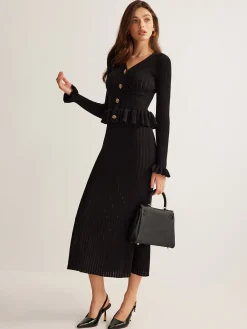 Discount Ruffle Slim Sweater Dress Black Dresses|Sweater Dresses