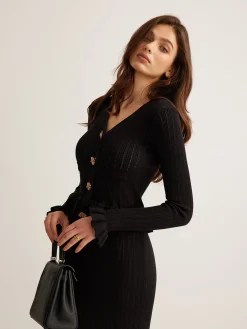 Discount Ruffle Slim Sweater Dress Black Dresses|Sweater Dresses