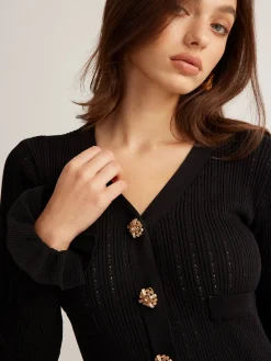 Discount Ruffle Slim Sweater Dress Black Dresses|Sweater Dresses