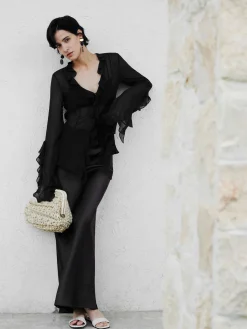 Ruffle Split Thin Shirt Blouses & Shirts|Tops