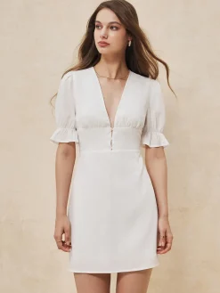 Best Ruffle Trim Button-Front Short Dress White Dresses|Work Dresses