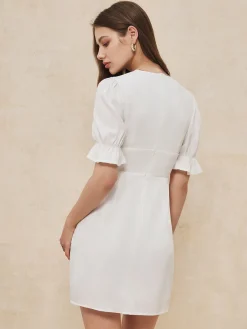 Best Ruffle Trim Button-Front Short Dress White Dresses|Work Dresses