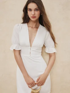 Best Ruffle Trim Button-Front Short Dress White Dresses|Work Dresses