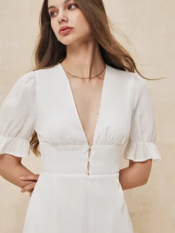 Best Ruffle Trim Button-Front Short Dress White Dresses|Work Dresses