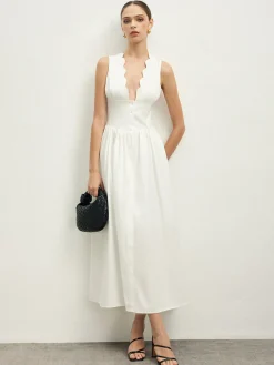 Best Ruffle Trim Neck Button Sleeveless Dress White Dresses|Casual Dresses