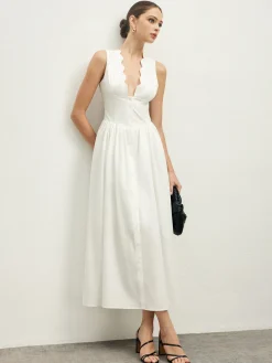 Best Ruffle Trim Neck Button Sleeveless Dress White Dresses|Casual Dresses