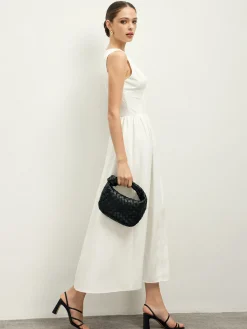 Best Ruffle Trim Neck Button Sleeveless Dress White Dresses|Casual Dresses