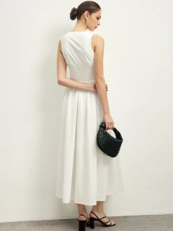 Best Ruffle Trim Neck Button Sleeveless Dress White Dresses|Casual Dresses