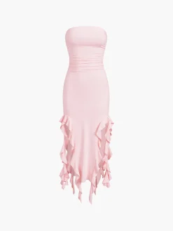 New Ruffle Trim Tube Midi Dress Sweater Dresses|Cocktail & Party Dresses