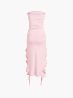New Ruffle Trim Tube Midi Dress Sweater Dresses|Cocktail & Party Dresses