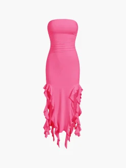 New Ruffle Trim Tube Midi Dress Sweater Dresses|Cocktail & Party Dresses