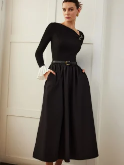 Sale Ruffle-Cuff Panel Pockets Dress Without Belt Black Dresses|Casual Dresses