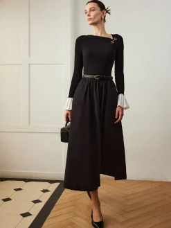 Sale Ruffle-Cuff Panel Pockets Dress Without Belt Black Dresses|Casual Dresses
