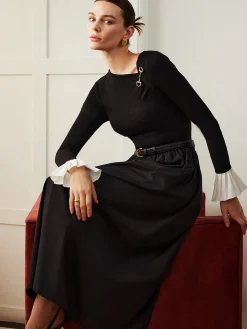 Sale Ruffle-Cuff Panel Pockets Dress Without Belt Black Dresses|Casual Dresses