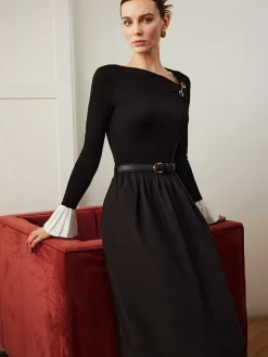 Sale Ruffle-Cuff Panel Pockets Dress Without Belt Black Dresses|Casual Dresses
