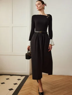 Sale Ruffle-Cuff Panel Pockets Dress Without Belt Black Dresses|Casual Dresses