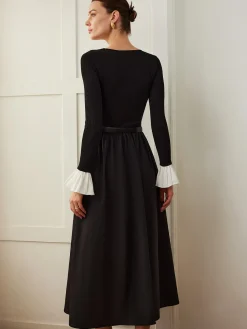 Sale Ruffle-Cuff Panel Pockets Dress Without Belt Black Dresses|Casual Dresses