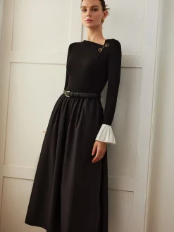 Sale Ruffle-Cuff Panel Pockets Dress Without Belt Black Dresses|Casual Dresses