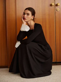 Sale Ruffle-Cuff Panel Pockets Dress Without Belt Black Dresses|Casual Dresses