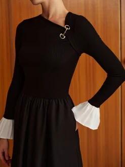 Sale Ruffle-Cuff Panel Pockets Dress Without Belt Black Dresses|Casual Dresses