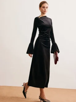 New Ruffle-Cuff Velvet Long Dress Cocktail & Party Dresses|Long Dresses