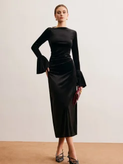 Online Ruffle-Cuff Velvet Long Dress Black Dresses|Cocktail & Party Dresses