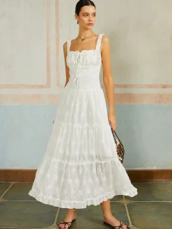 Online Ruffled Hem Sleeveless Embroidered Long Dress White Dresses|Casual Dresses