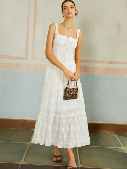 Online Ruffled Hem Sleeveless Embroidered Long Dress White Dresses|Casual Dresses