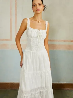 Online Ruffled Hem Sleeveless Embroidered Long Dress White Dresses|Casual Dresses