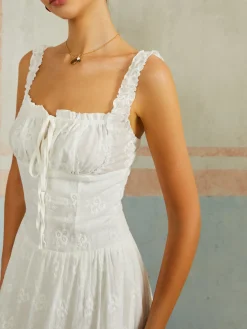 Online Ruffled Hem Sleeveless Embroidered Long Dress White Dresses|Casual Dresses