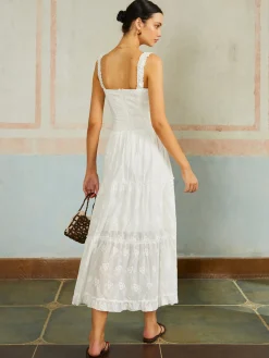 Online Ruffled Hem Sleeveless Embroidered Long Dress White Dresses|Casual Dresses
