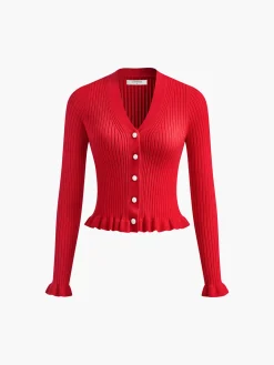 Discount Ruffled Trim Pearl Button Long Sleeve Cardigan Cardigans|Sweaters & Cardigans