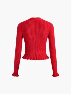 Hot Ruffled Trim Pearl Button Long Sleeve Cardigan Cardigans|Sweaters & Cardigans