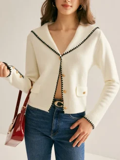 Hot Sailor-Collar Contrast-Trim Button Cardigan Cardigans|Sweaters & Cardigans