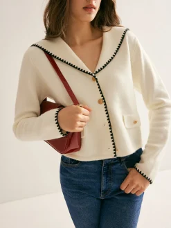 Hot Sailor-Collar Contrast-Trim Button Cardigan Cardigans|Sweaters & Cardigans